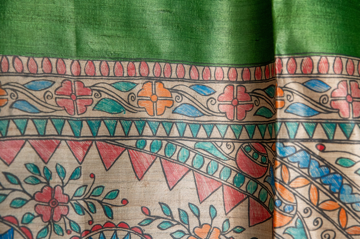 Green Tussar with handpainted Madhubani