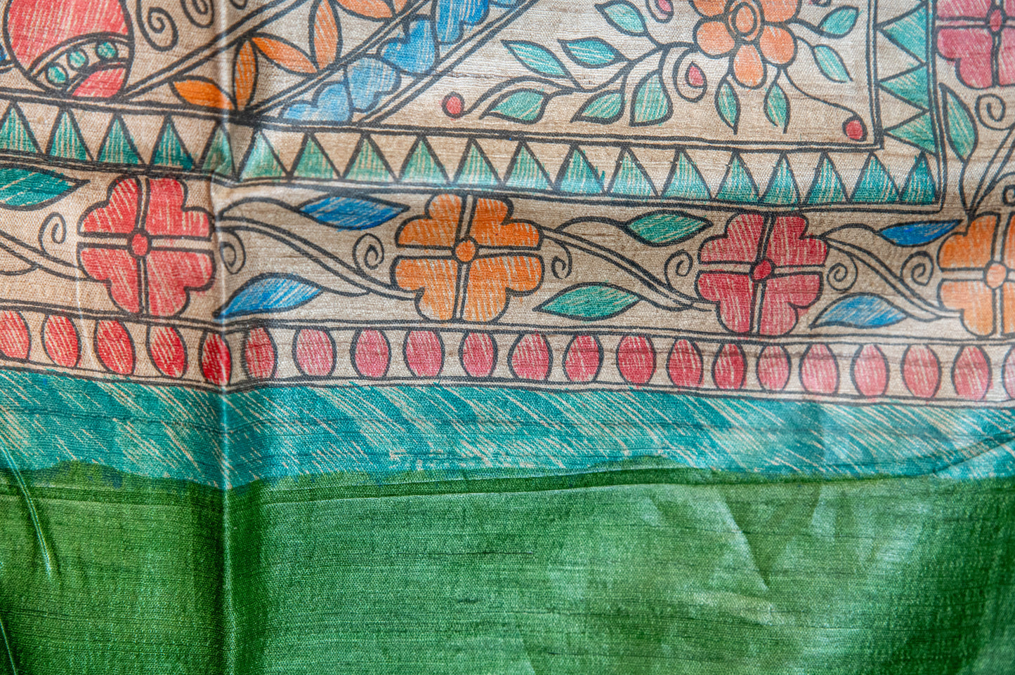Green Tussar with handpainted Madhubani