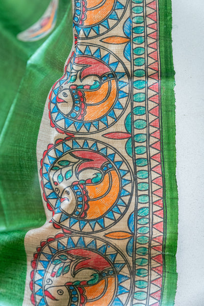 Green Tussar with handpainted Madhubani