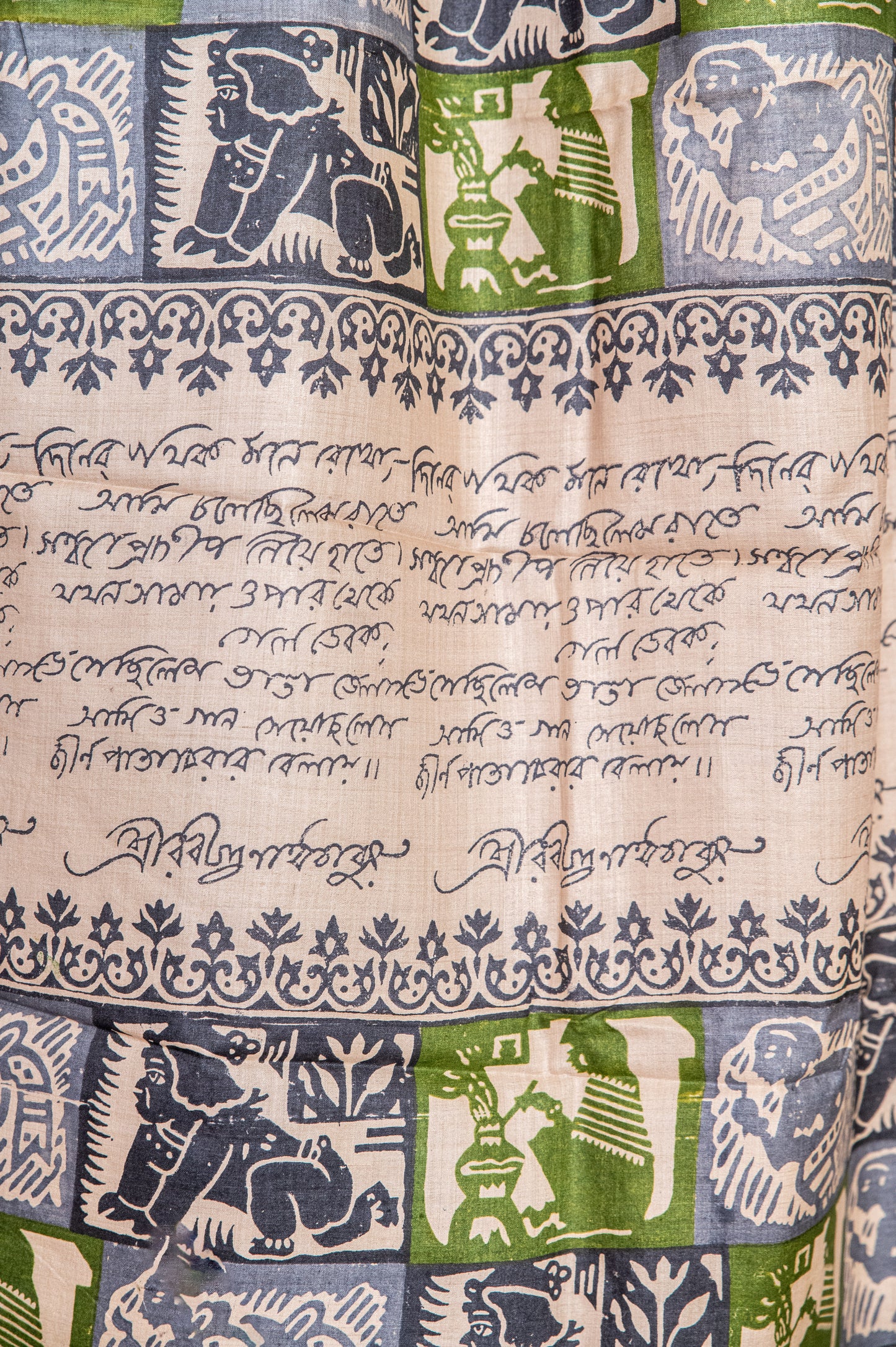 Tussar with handblock Bengali calligraphy