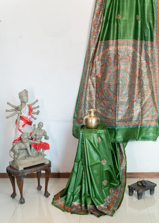 Green Tussar with handpainted Madhubani
