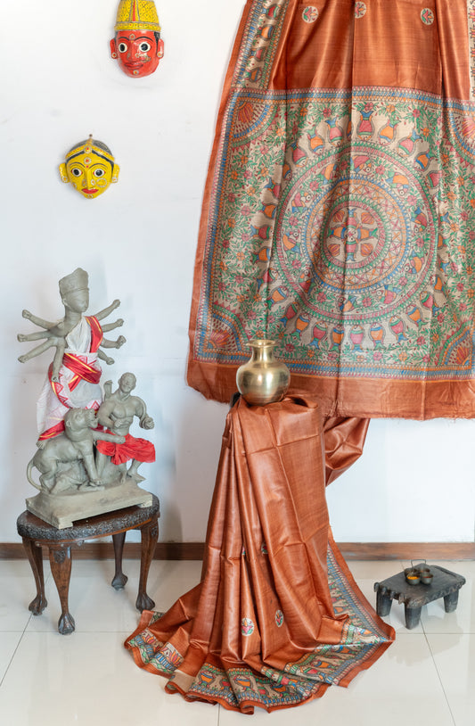Brown Tussar with handpainted Madhubani