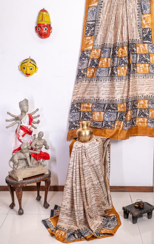Tussar with handblock Bengali calligraphy