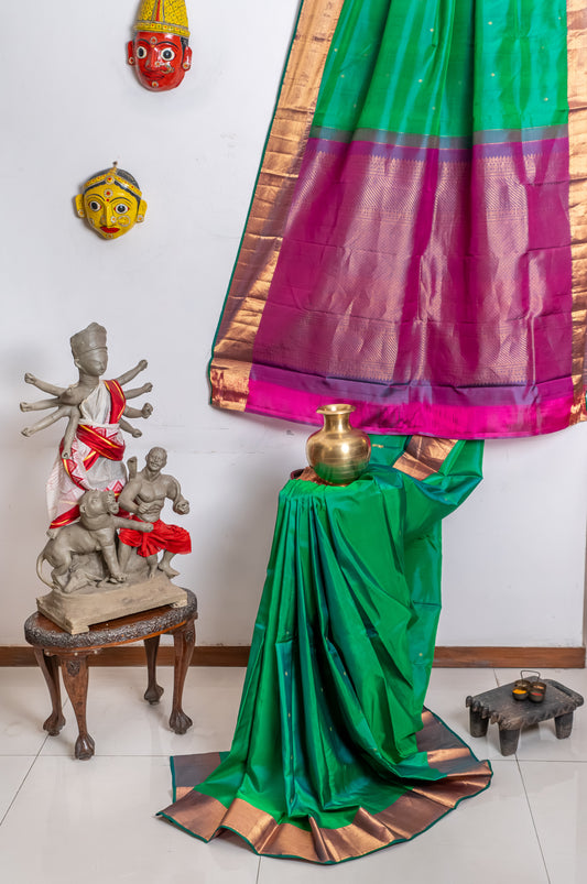 Shot Green Salem silk with zari border